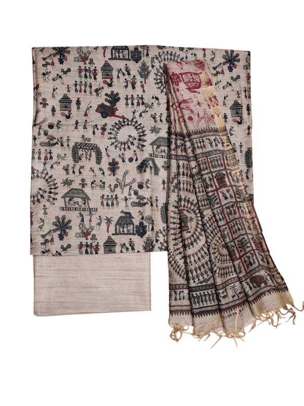 Black & Maroon Madhubani Print Unstitched Silk Salwar Suit with Dupatta