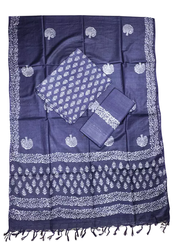 Dark Blue Unstitched Block Print Silk Salwar Suit Dress Material with Dupatta
