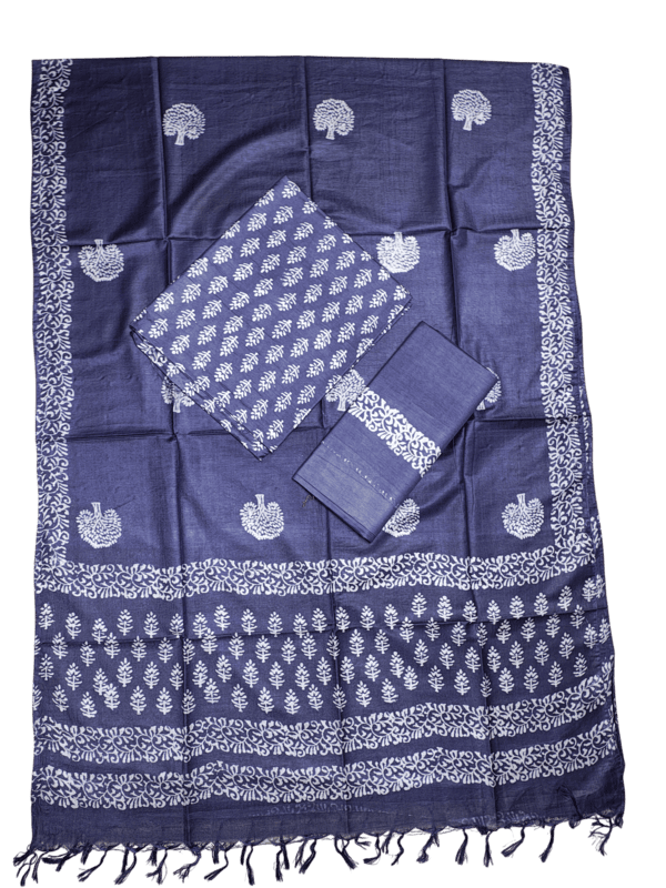Dark Blue Unstitched Block Print Silk Salwar Suit Dress Material with Dupatta
