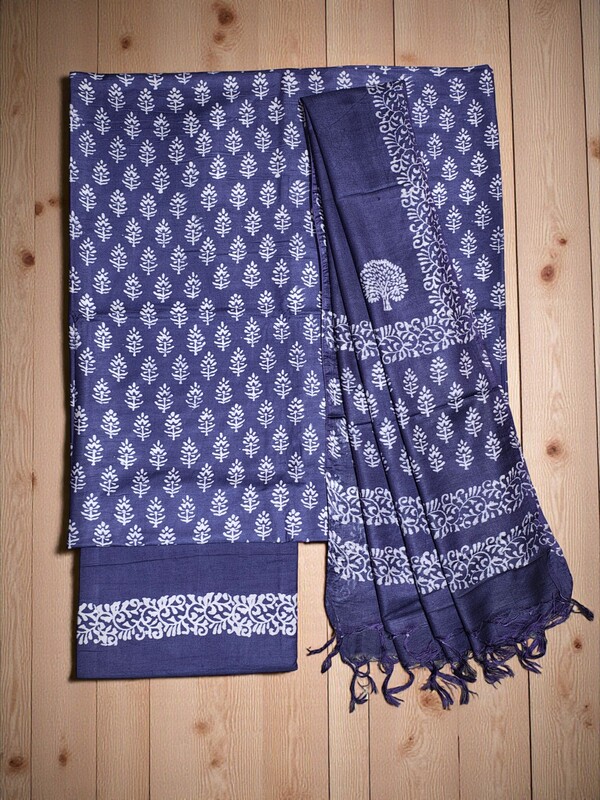Dark Blue Unstitched Block Print Silk Salwar Suit Dress Material with Dupatta