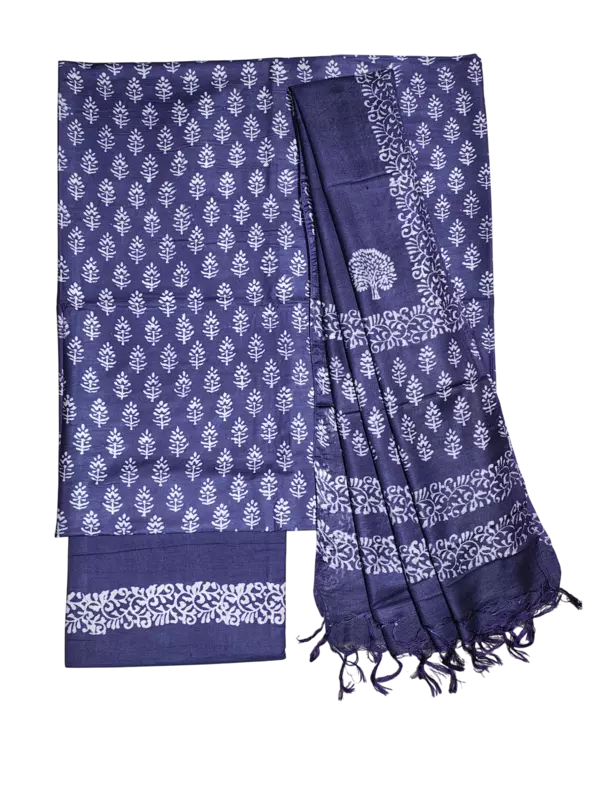 Dark Blue Unstitched Block Print Silk Salwar Suit Dress Material with Dupatta