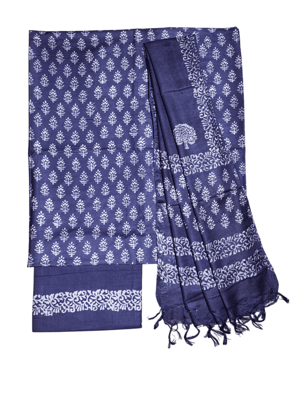 Dark Blue Unstitched Block Print Silk Salwar Suit Dress Material with Dupatta