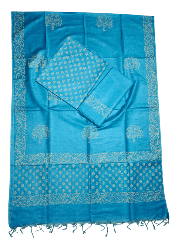 Turquoise Unstitched Block Print Silk Salwar Suit Dress Material with Dupatta