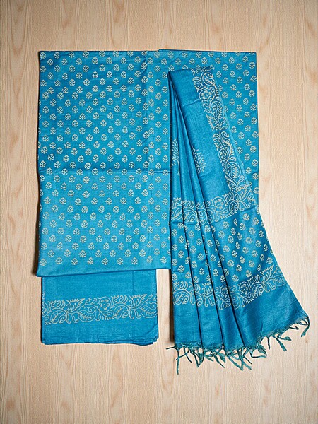 Turquoise Unstitched Block Print Silk Salwar Suit Dress Material with Dupatta