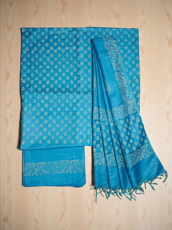 Turquoise Unstitched Block Print Silk Salwar Suit Dress Material with Dupatta