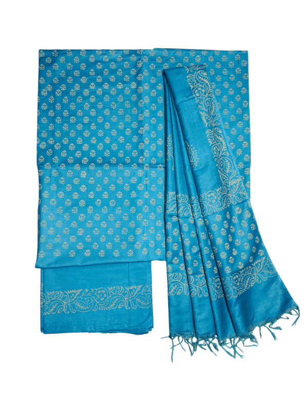 Turquoise Unstitched Block Print Silk Salwar Suit Dress Material with Dupatta