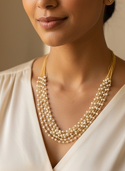 Necklace Five Layer Round Pearl White