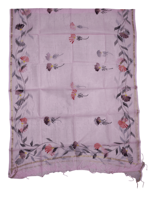 Pink Hand Pained Kota Doria Unstitched Suit Set