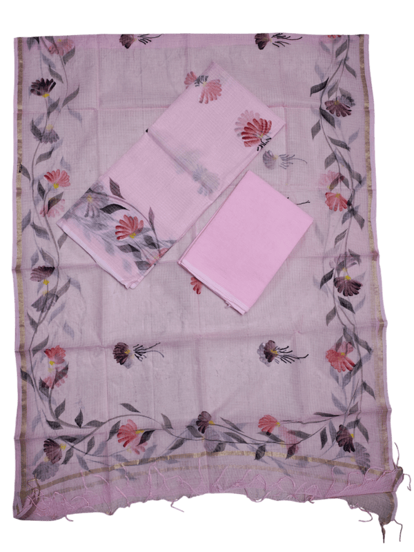 Pink Hand Pained Kota Doria Unstitched Suit Set