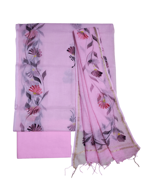 Pink Hand Pained Kota Doria Unstitched Suit Set
