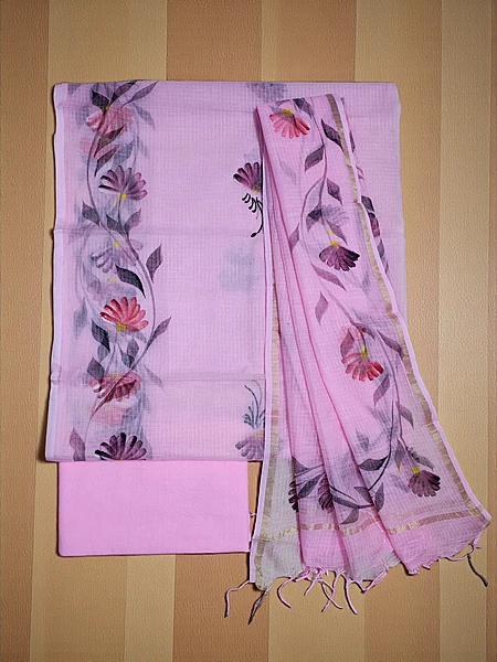 Pink Hand Pained Kota Doria Unstitched Suit Set