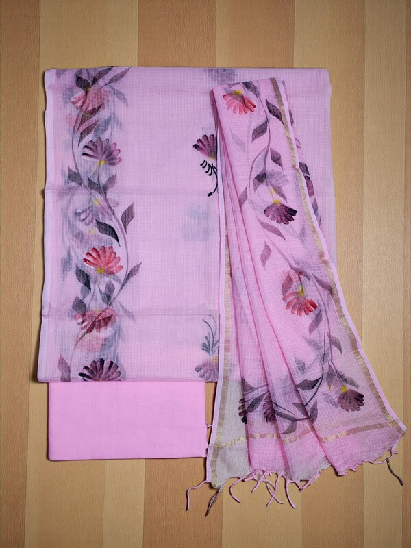Pink Hand Pained Kota Doria Unstitched Suit Set