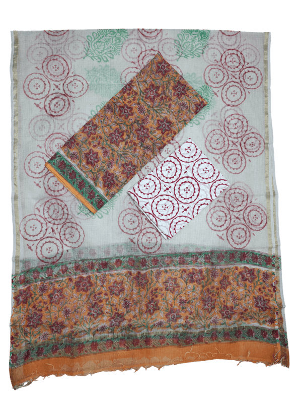 Orange Hand Block Printed Kota Doria Unstitched Suit Set