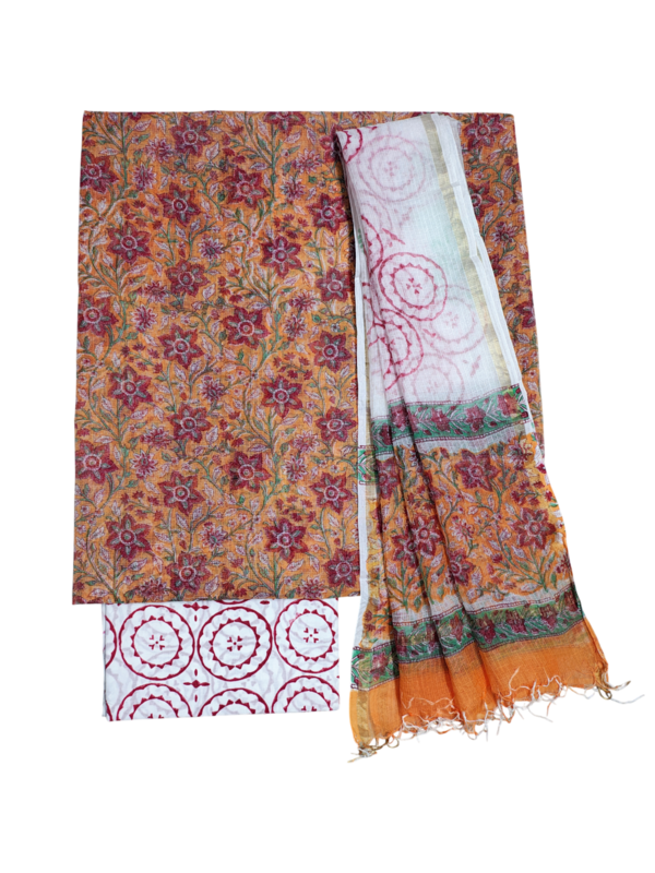 Orange Hand Block Printed Kota Doria Unstitched Suit Set