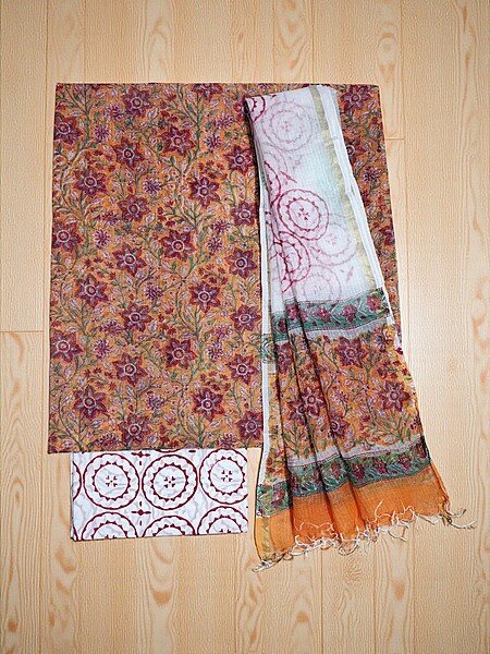 Orange Hand Block Printed Kota Doria Unstitched Suit Set