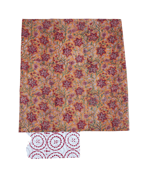 Orange Hand Block Printed Kota Doria Unstitched Suit Set