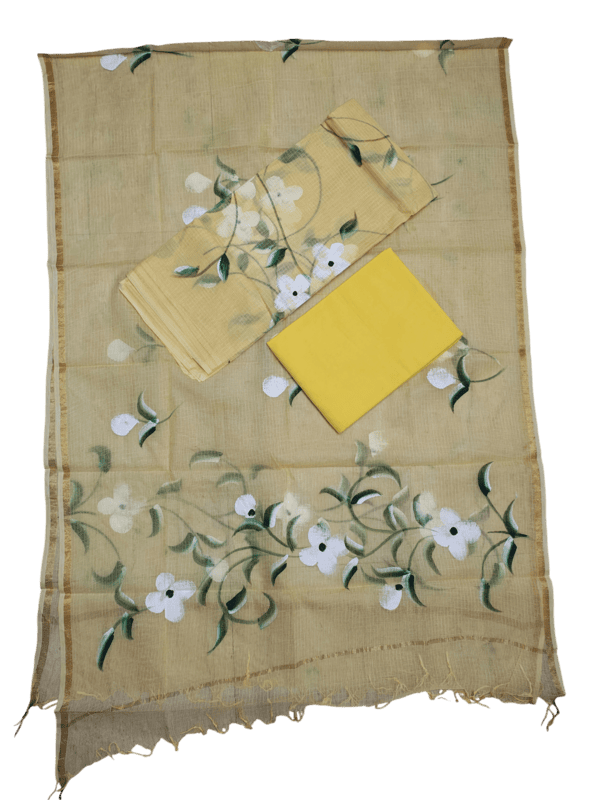 Yellow Hand Pained Kota Doria Unstitched Suit Set