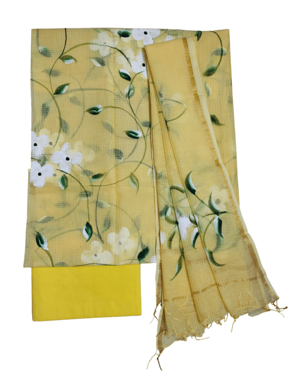 Yellow Hand Pained Kota Doria Unstitched Suit Set