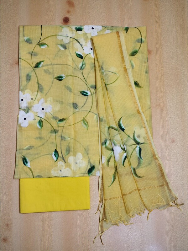 Yellow Hand Pained Kota Doria Unstitched Suit Set
