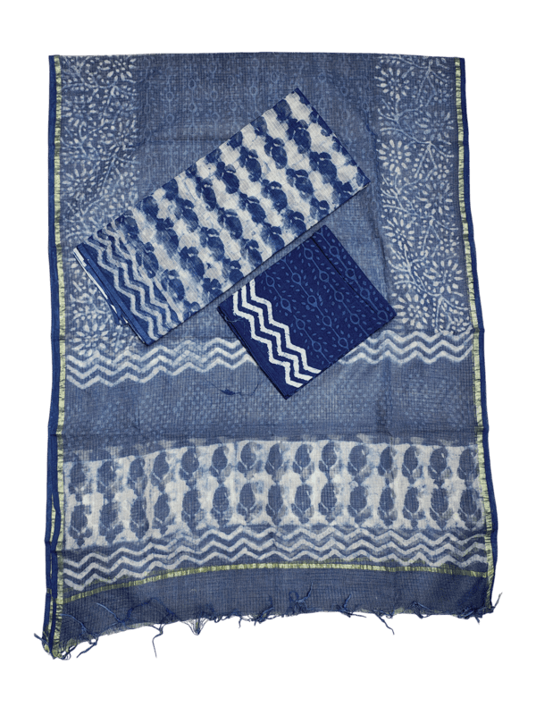 Indigo Dabu Hand Block Print Kota Doria Unstitched Suit Set