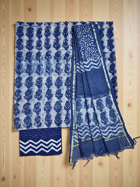 Indigo Dabu Hand Block Print Kota Doria Unstitched Suit Set
