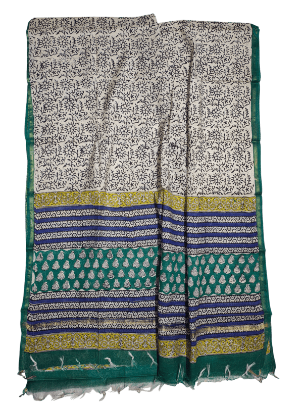 Green Bagru Hand Block Print Chanderi Silk Unstitched Suit Set