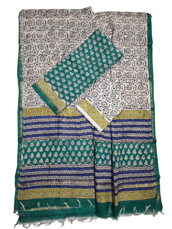 Green Bagru Hand Block Print Chanderi Silk Unstitched Suit Set