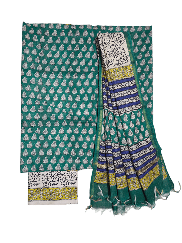 Green Bagru Hand Block Print Chanderi Silk Unstitched Suit Set