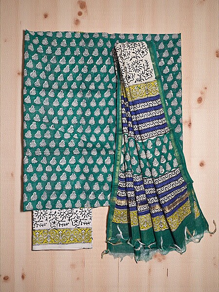 Green Bagru Hand Block Print Chanderi Silk Unstitched Suit Set