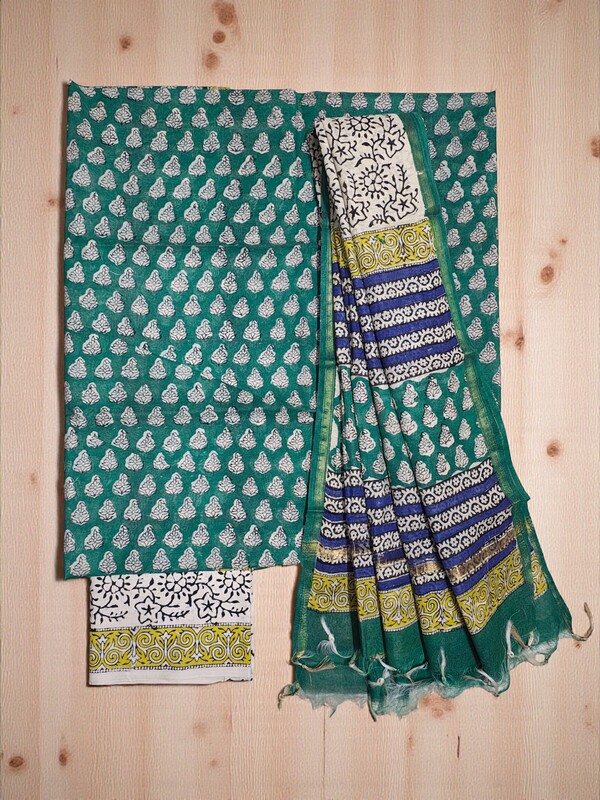 Green Bagru Hand Block Print Chanderi Silk Unstitched Suit Set