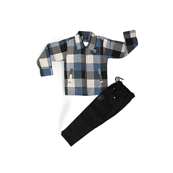 Boys’ Blue Checkered Shirt and Black Pant Set