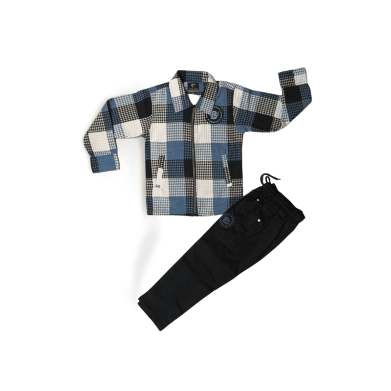Boys’ Blue Checkered Shirt and Black Pant Set