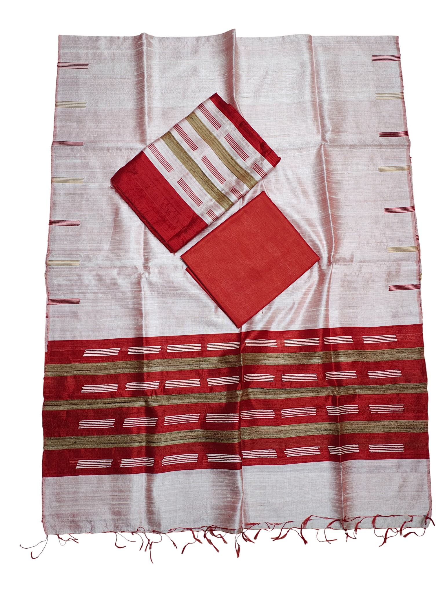 Red Pure Tussar Silk Dress Material with Dupatta
