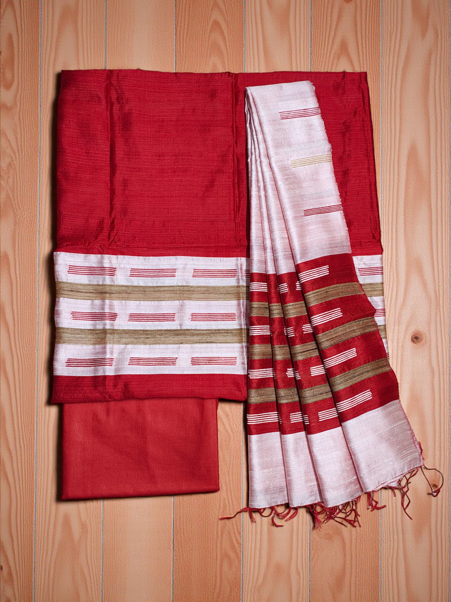 Red Pure Tussar Silk Dress Material with Dupatta