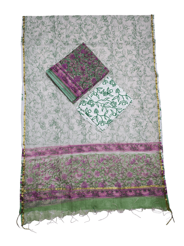 Purple & Green Hand Block Print Kota Doria Unstitched Suit Set