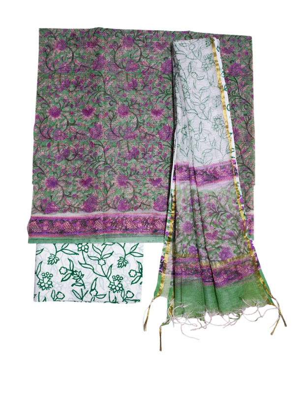 Purple & Green Hand Block Print Kota Doria Unstitched Suit Set