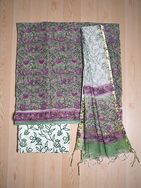 Purple & Green Hand Block Print Kota Doria Unstitched Suit Set