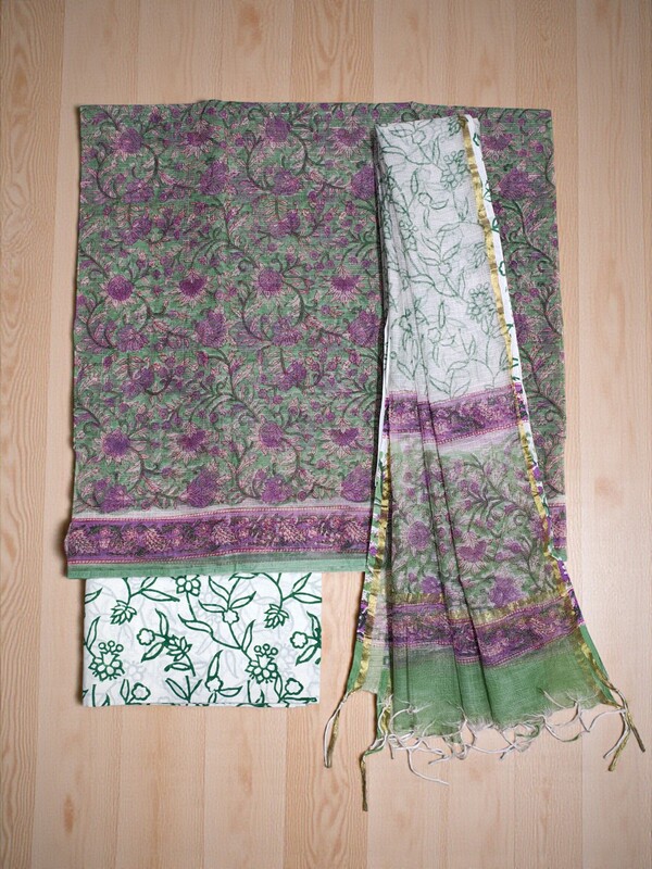 Purple & Green Hand Block Print Kota Doria Unstitched Suit Set