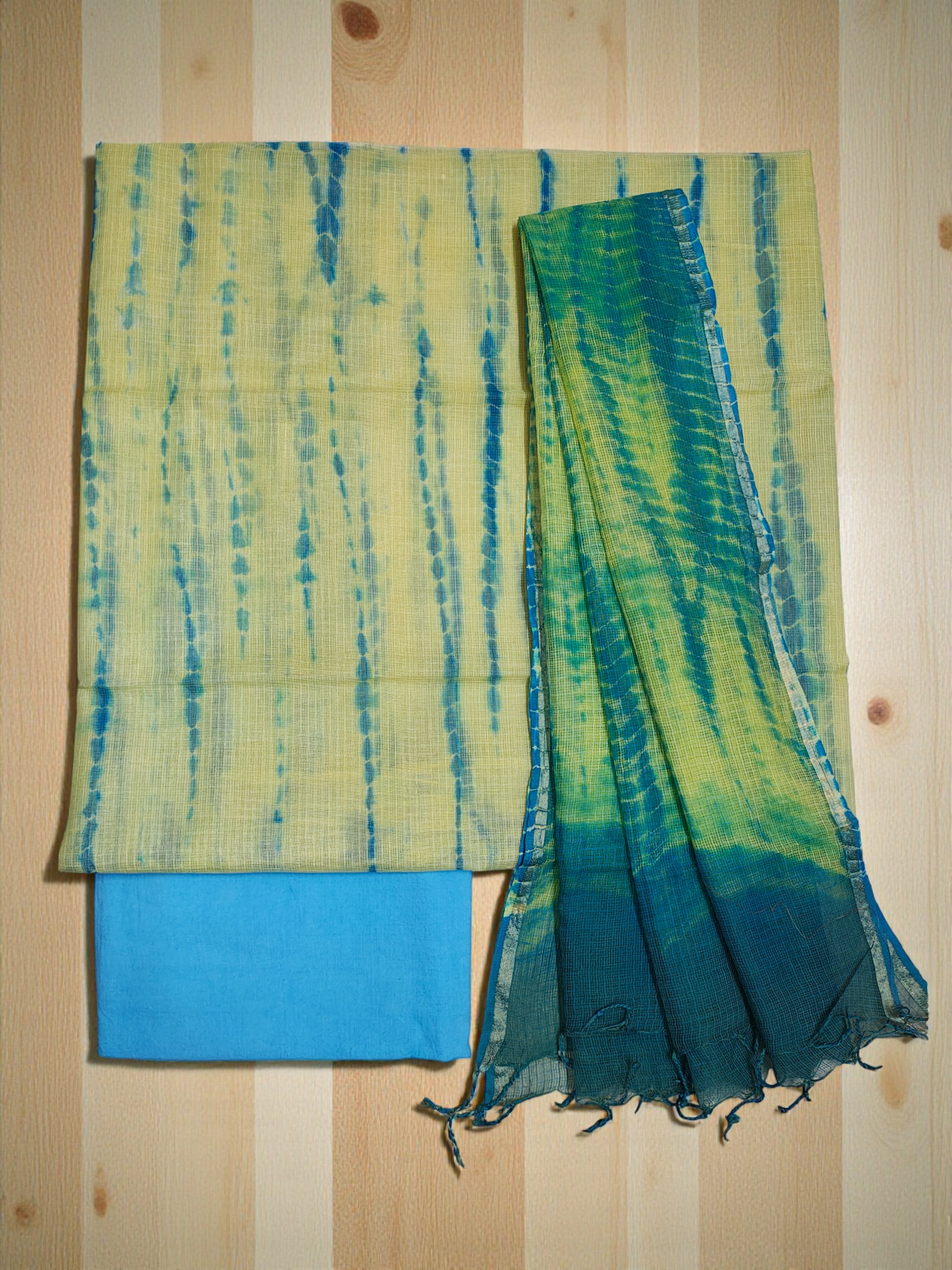 Yellow & Green Leheriya Kota Doria Unstitched Suit Set