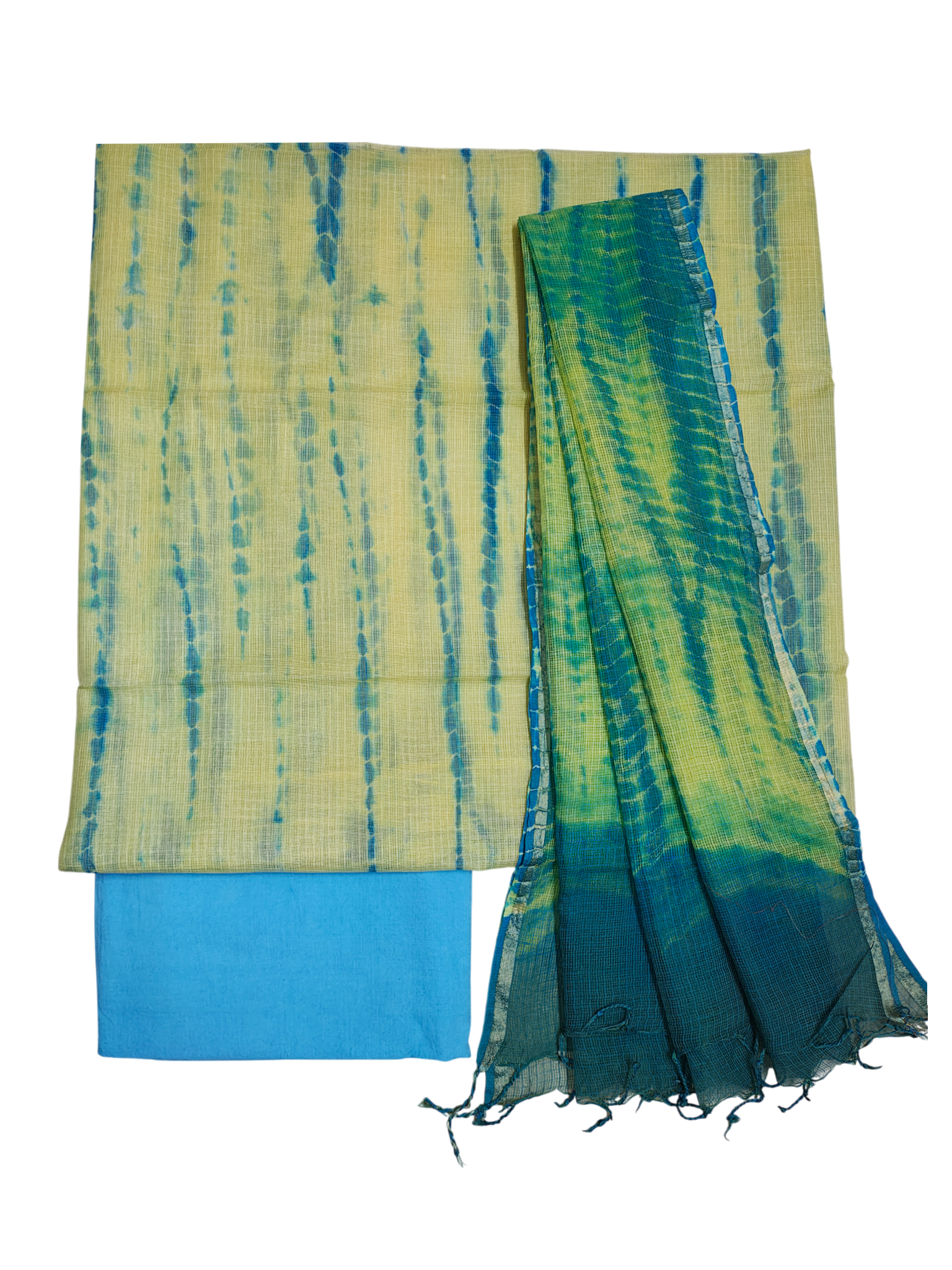 Yellow & Green Leheriya Kota Doria Unstitched Suit Set