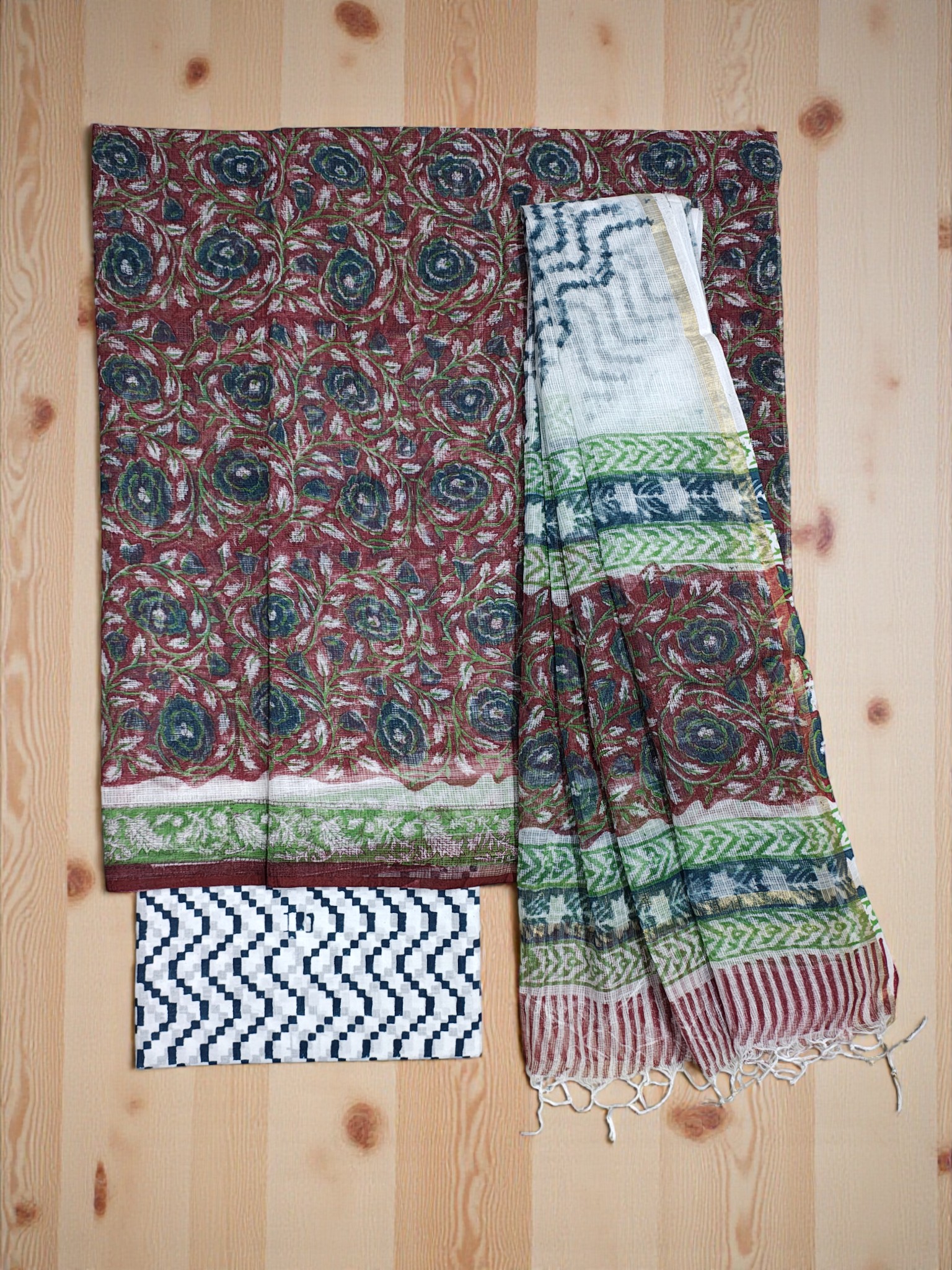 Wine Hand Block Printed Kota Doria Unstitched Suit Set