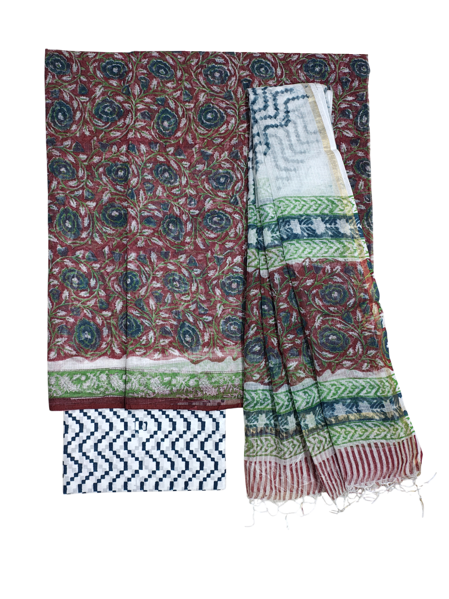 Wine Hand Block Printed Kota Doria Unstitched Suit Set