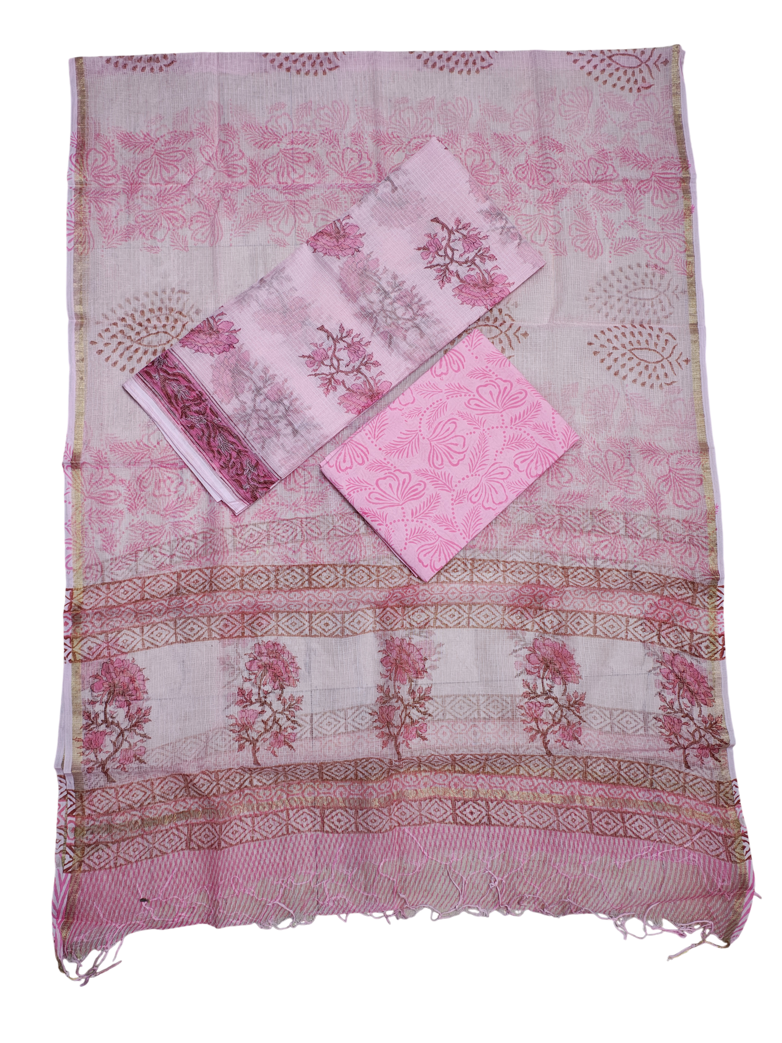 Baby Pink Hand Block Printed Kota Doria Unstitched Suit Set
