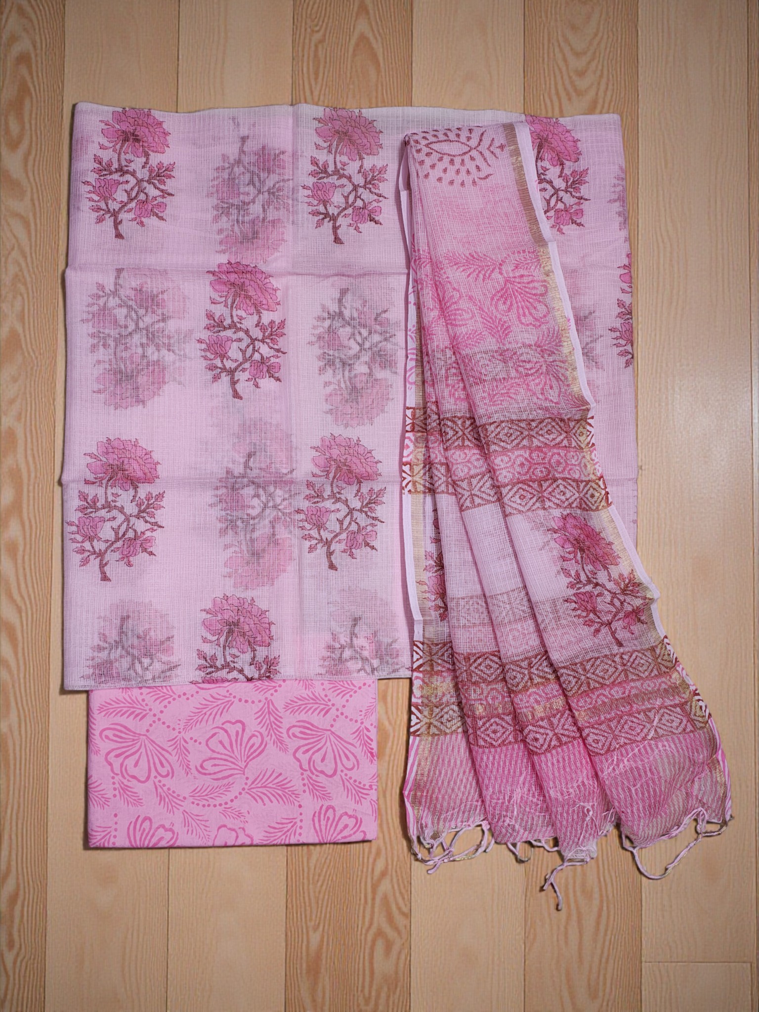 Baby Pink Hand Block Printed Kota Doria Unstitched Suit Set