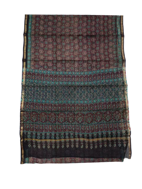 Wine & Black Kota Doria Hand Block Print Saree for Women