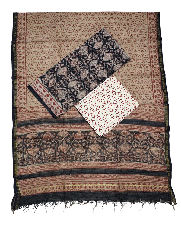 Black Hand Block Print Kota Doria Unstitched Suit Set