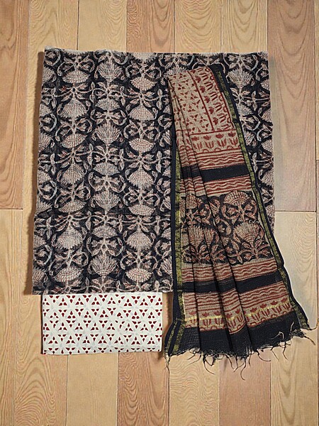 Black Hand Block Print Kota Doria Unstitched Suit Set
