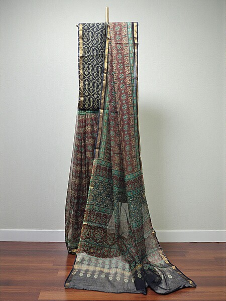 Wine & Black Kota Doria Hand Block Print Saree for Women