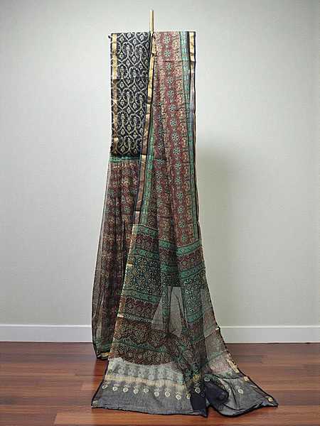 Wine & Black Kota Doria Hand Block Print Saree for Women