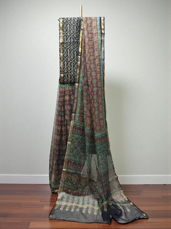 Wine & Black Kota Doria Hand Block Print Saree for Women
